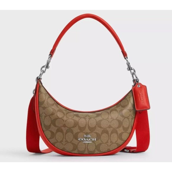 New Coach CR283 Aria Shoulder bag Logo Signature Khaki / Miami Red - Picture 1 of 6